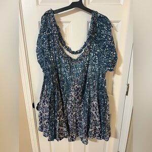 Free People Women’s M Blue Flowy Bohemian Mini Babydoll Dress Feminine Fairy